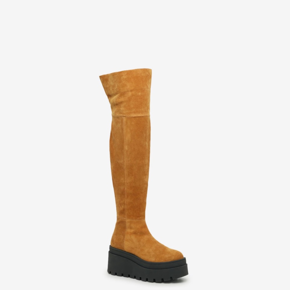 Free People Tan Over the Knee Boots with Chunky Black Sole
